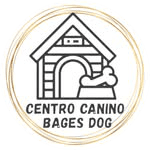 Imagen de logo de un dibujo de la casa de un cachorro con su plato en la entrada con un hueso, centro canino bages dog
