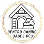 Imagen de logo de un dibujo de la casa de un cachorro con su plato en la entrada con un hueso, centro canino bages dog